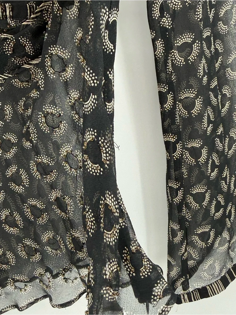Willi Smith Silk Sheer Blouse Top Black Print Beaded Size Small Y2k
